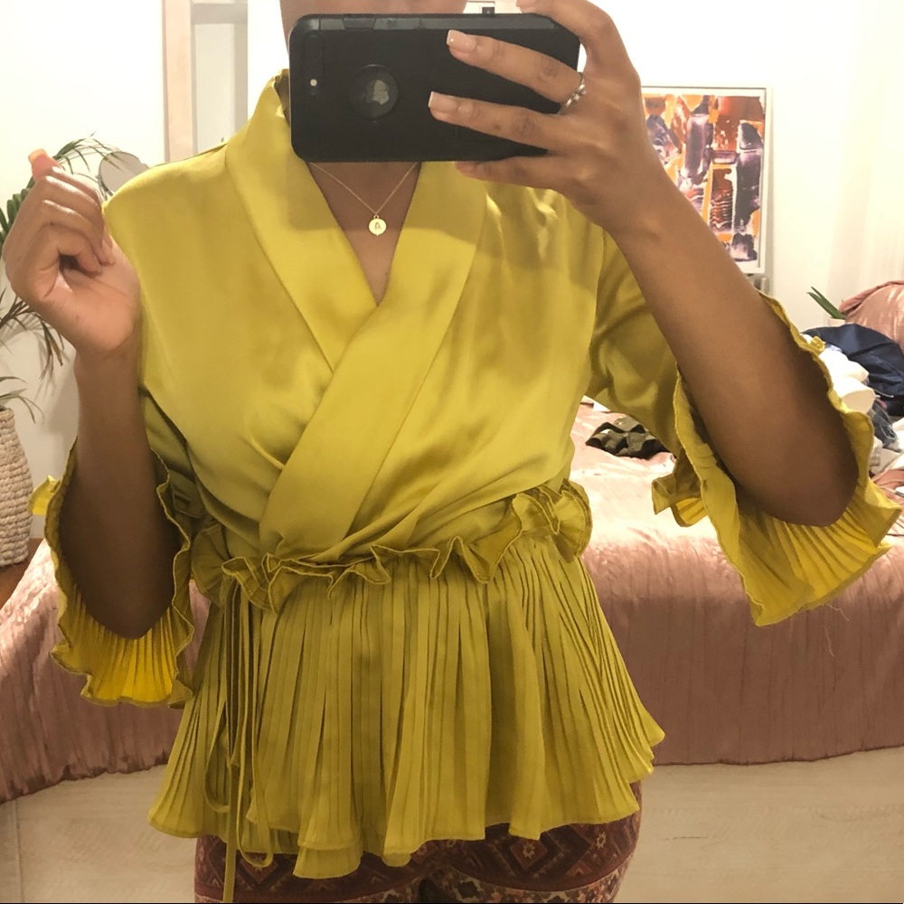 Unique Canary Yellow Satin Wrap Blouse